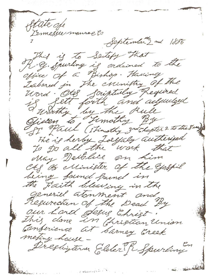 R.G. Spurling's ordination letter